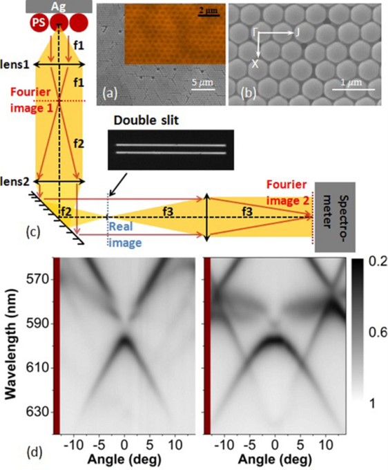 Photonic-Plasmonic 光子晶体 SEM 顶视图、角分辨光谱系统示意图、角分辨反射光谱