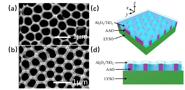 LYSO 闪烁体和多孔氧化铝光子晶体结构的 SEM 图及结构示意图